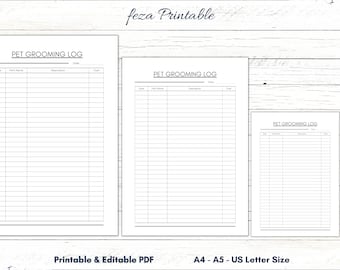 Pet Grooming Tracker Printable, Editable PDF