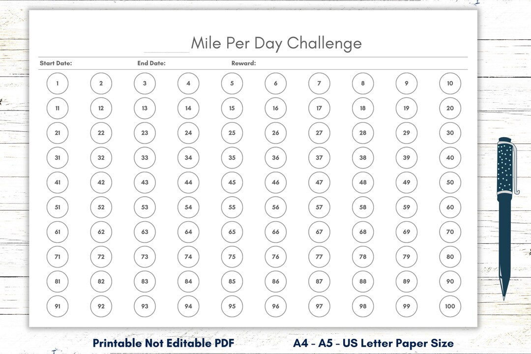 100 Day Running or Walking Challenge Printable Template 100 Etsy