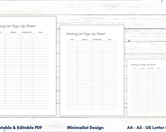 Mailing List Template, Email Sign Up Sheet, Email Tracker, Mailing List Printable & Editable, Email Form, Email List Template, A4 A5, Letter