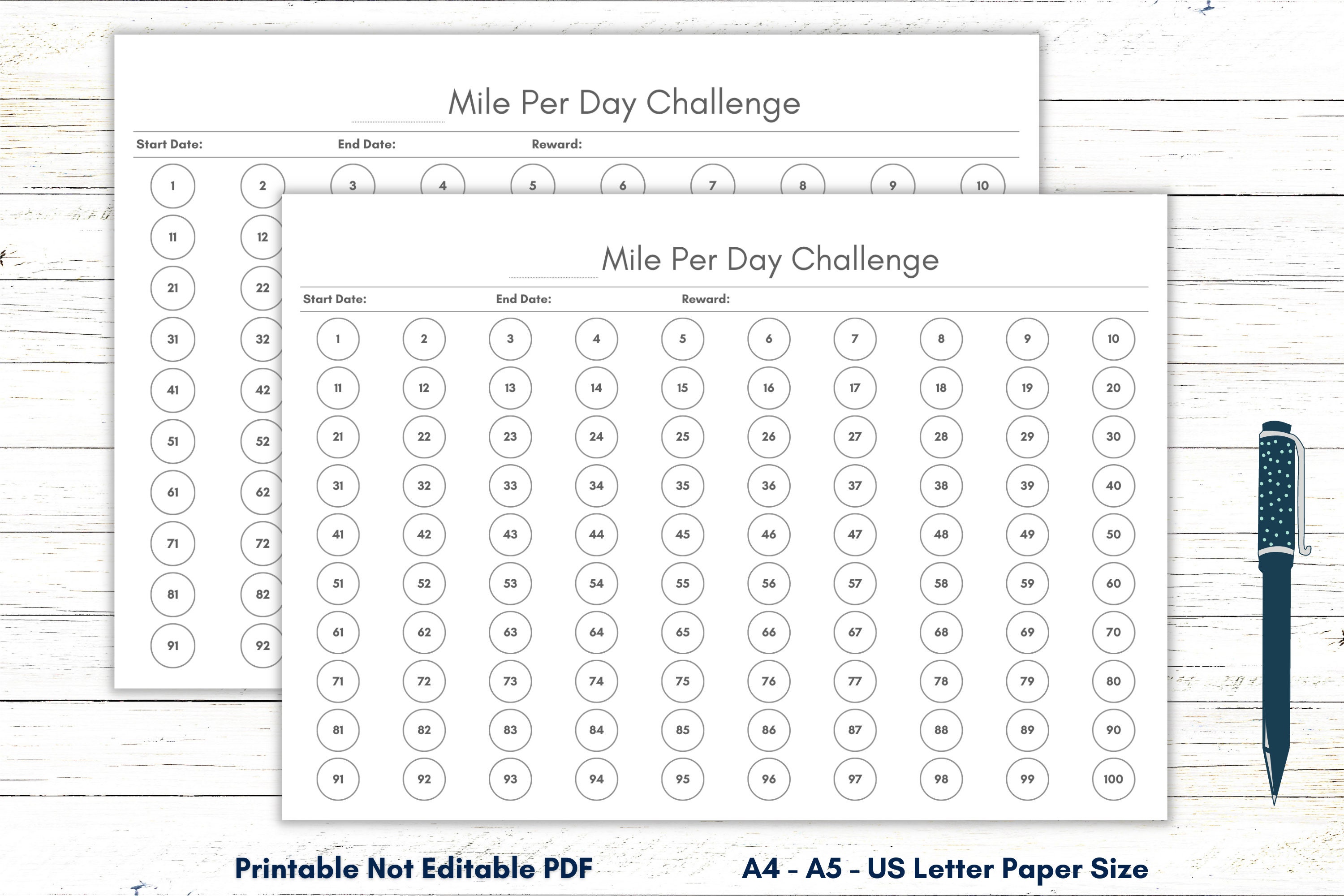 100 Day Running or Walking Challenge Printable Template, 100 Day ...