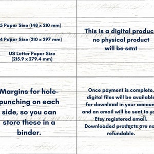 Peut inclure: Un produit num&eacute;rique imprimable pour cr&eacute;er un classeur avec des marges pour le poin&ccedil;onnage. L'imprimable est disponible dans les formats de papier US Letter, A4 et A5. Le texte indique qu'il s'agit d'un produit num&eacute;rique et qu'aucun produit physique ne sera envoy&eacute;. Une fois le paiement effectu&eacute;, les fichiers num&eacute;riques seront disponibles en t&eacute;l&eacute;chargement sur votre compte et un e-mail sera envoy&eacute; &agrave; votre adresse e-mail Etsy enregistr&eacute;e. Les produits t&eacute;l&eacute;charg&eacute;s ne sont pas remboursables.