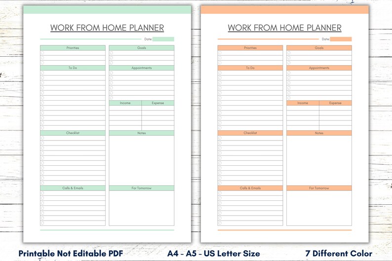 Work From Home Planner Sheet Printable Template, Productivity Planner