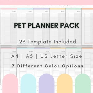 Peut inclure: Un ensemble de 23 mod&egrave;les de planificateur pour animaux de compagnie imprimables aux formats A4, A5 et US Letter. Les mod&egrave;les sont disponibles en 7 couleurs diff&eacute;rentes, dont le gris, le rose, le bleu clair, le violet, le jaune, le vert et l'orange.