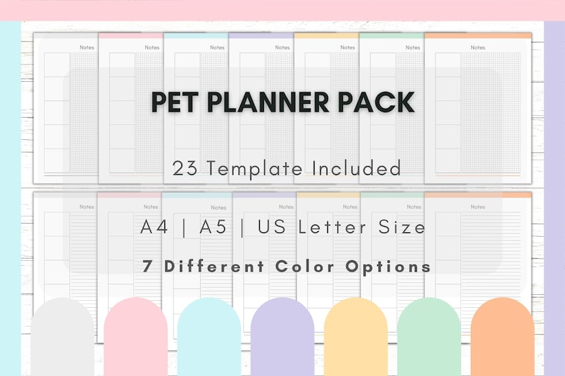 Peut inclure: Un ensemble de 23 mod&egrave;les de planificateur pour animaux de compagnie imprimables aux formats A4, A5 et US Letter. Les mod&egrave;les sont disponibles en 7 couleurs diff&eacute;rentes, dont le gris, le rose, le bleu clair, le violet, le jaune, le vert et l'orange.