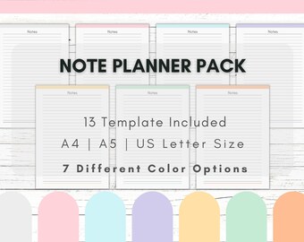 Modèle d'agenda de pages de notes colorées : A4, A5, lettre US (téléchargement numérique)