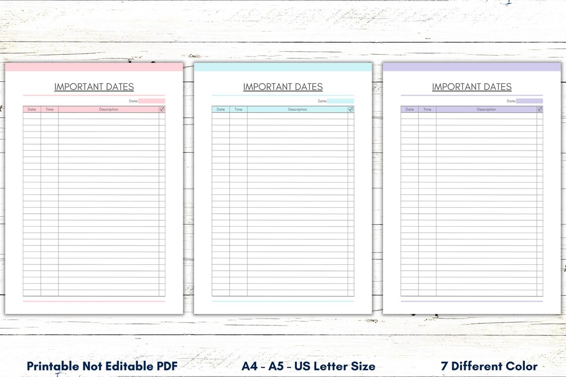 Printable Important Dates Sheet, PDF Important Dates Tracker, PDF Dates ...