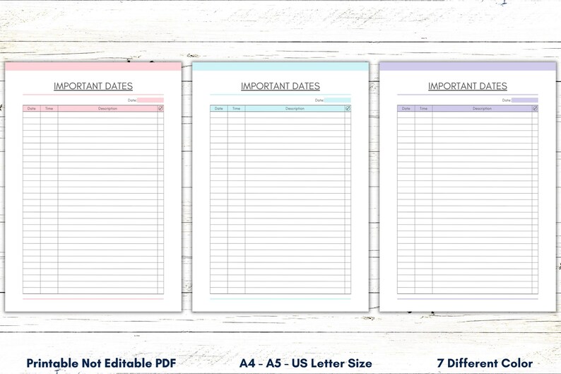 Printable Important Dates Sheet PDF Important Dates Tracker Etsy Canada