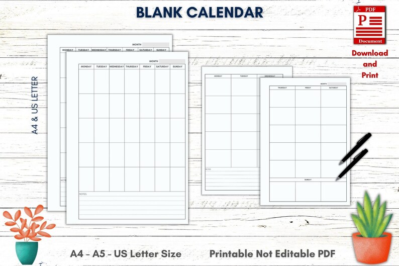 Printable Blank Calendar Minimalist Calendar Blank Monthly | Etsy
