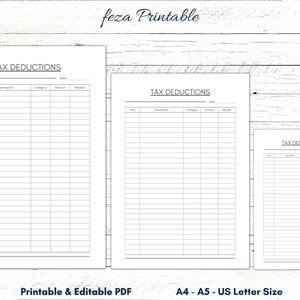 Deducciones de impuestos imprimibles, plantilla de seguimiento de deducciones de impuestos, registro de impuestos, hoja de deducción de impuestos editable y rellenable, formulario de impuestos sobre las ventas, carta A4 A5 de EE. UU.