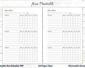 May include: A printable chore chart with a minimalist design. The chart is divided into four sections, each with a space for "Tasks For" and a grid for each day of the week. The chart is designed for A6 paper size.