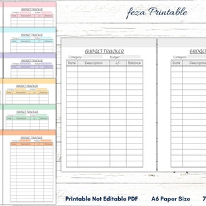 Puede incluir: Páginas de seguimiento de presupuesto imprimibles en siete colores diferentes. Cada página tiene columnas para categoría, fecha, descripción, presupuesto, más o menos y saldo. Las páginas son de tamaño A6 y no son editables.