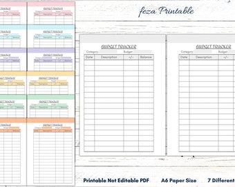 May include: Printable budget tracker pages in seven different colors. Each page has columns for category, date, description, budget, plus or minus, and balance. The pages are A6 size and are not editable.