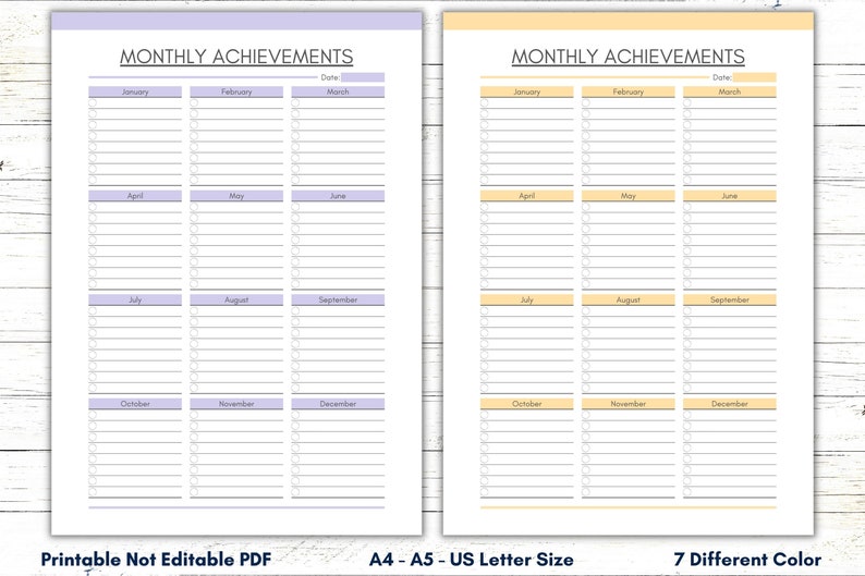 Printable Monthly Achievements Tracker, Achievements Overview, Monthly