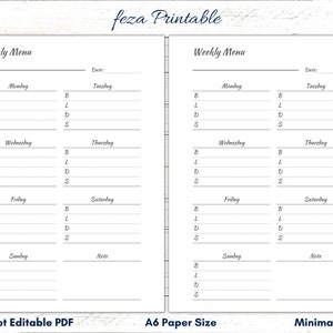 A6 Weekly Menu Printable, Weekly Menu Template, Weekly Menu Planner, Menu List, Menu Planning ...