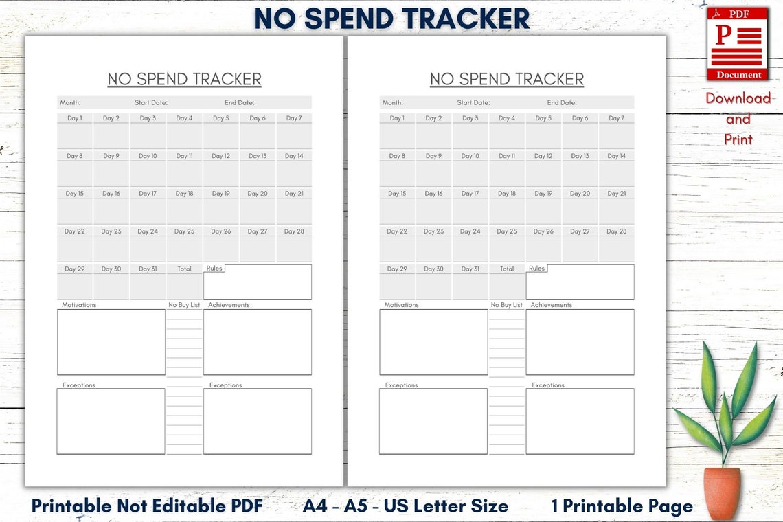 Printable No Spend Tracker Printable No Spend Challenge | Etsy