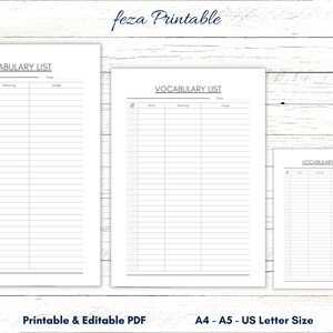 May include: Three printable vocabulary list templates in A4, A5, and US Letter sizes. Each template has a column for the word, meaning, and usage.