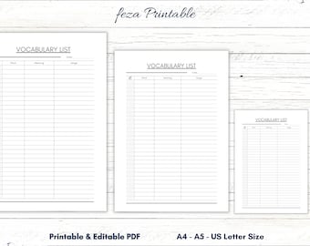 Vocabulary List Printable, Language Learning, A4 A5 US Letter (PDF)
