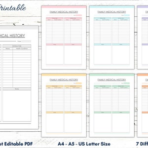 Plantilla imprimible de hoja de historial médico familiar, inserto de carpeta médica, historial de enfermedades familiares, lista de trastornos médicos familiares, carta A4 A5