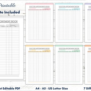 Può includere: Modelli di agenda per appuntamenti medici stampabili in sette colori diversi: rosa, blu, verde chiaro, giallo, verde, arancione e viola. I modelli sono disponibili nei formati A4, A5 e Letter degli Stati Uniti. Il testo "2 Template Included" è nella parte superiore dell'immagine.