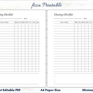 May include: A printable cleaning checklist with a minimalist design. The checklist is divided into two columns, one for the area to be cleaned and the other for the days of the week. The checklist is printed on A6 paper.