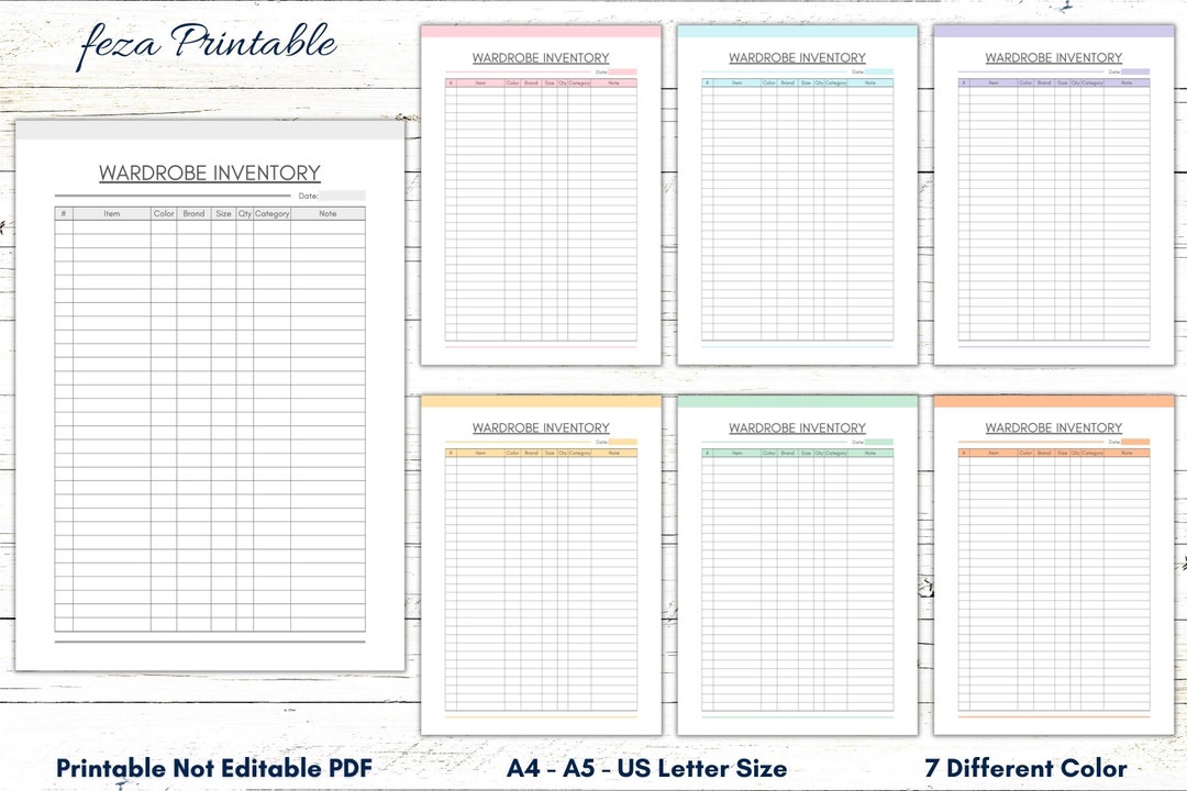 Printable Wardrobe Inventory Template, Wardrobe Organizer Sheet