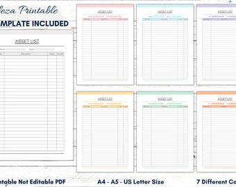 Printable Asset Tracker, Inventory List Template (PDF)