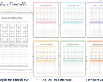 May include: Printable 20 book challenge tracker with 7 different color options. The tracker includes a list to write down the book title, author, and pages. The tracker is available in A4, A5, and US Letter sizes.