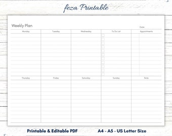Weekly Planner, Weekly Planner Printable, Weekly Planner Editable, Weekly Schedule, Weekly To Do List, Weekly Appointment Calendar Printable