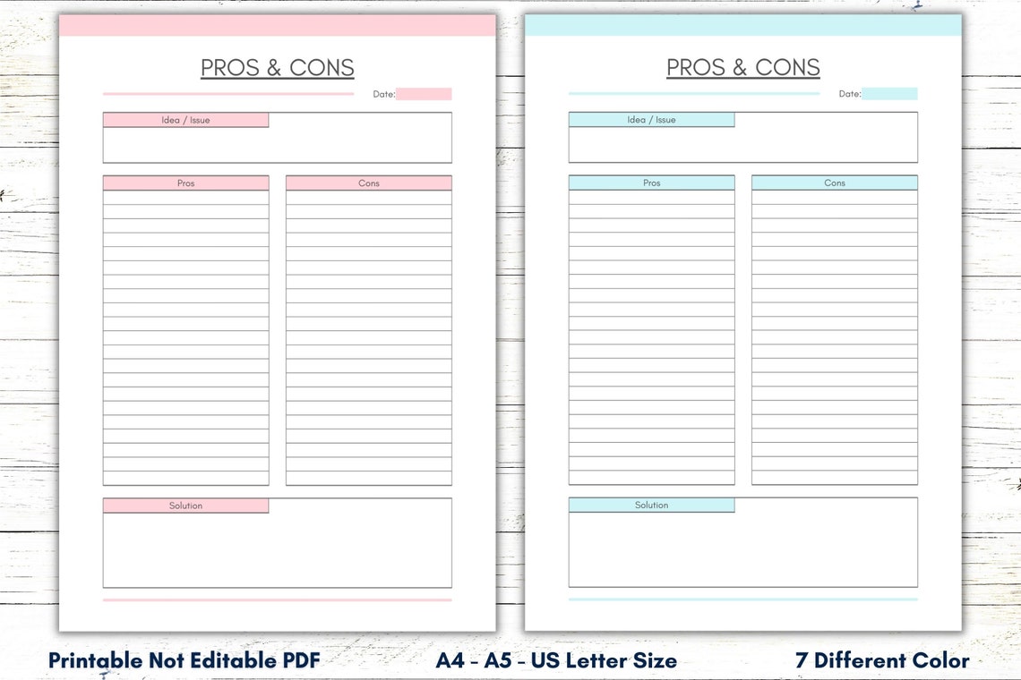 Printable Pros and Cons List, Idea Issue Planner Template, Problem Solving Sheet, Advantages ...