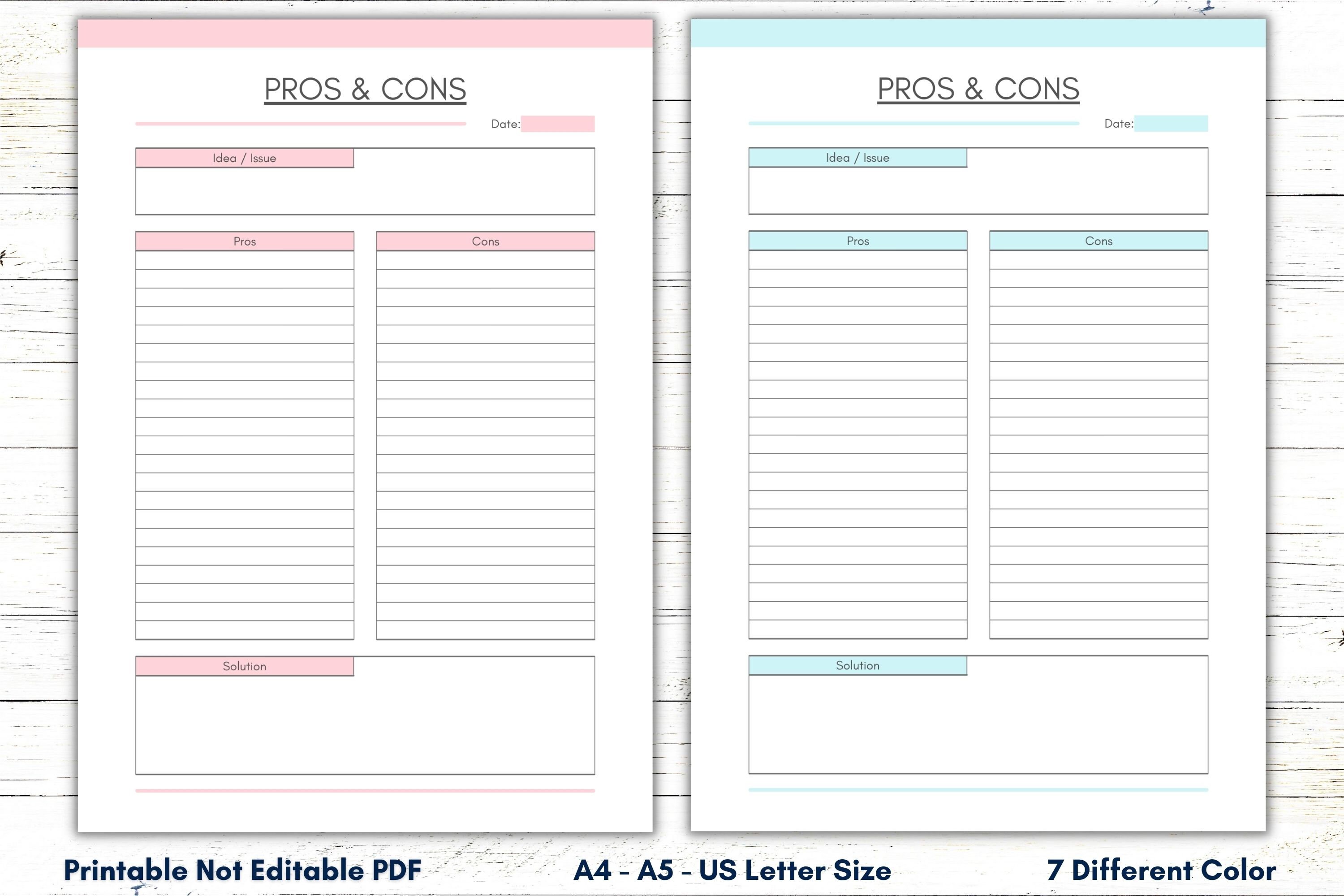 Printable Pros and Cons List, Idea Issue Planner Template, Problem Solving Sheet, Advantages ...
