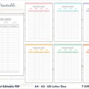 May include: Seven printable inventory sheets in different colors: pink, blue, yellow, green, orange, light blue, and purple. Each sheet has a header that says "Inventory Sheet" and includes columns for item number, department, counted by, date, item, quantity, location, category, and description.