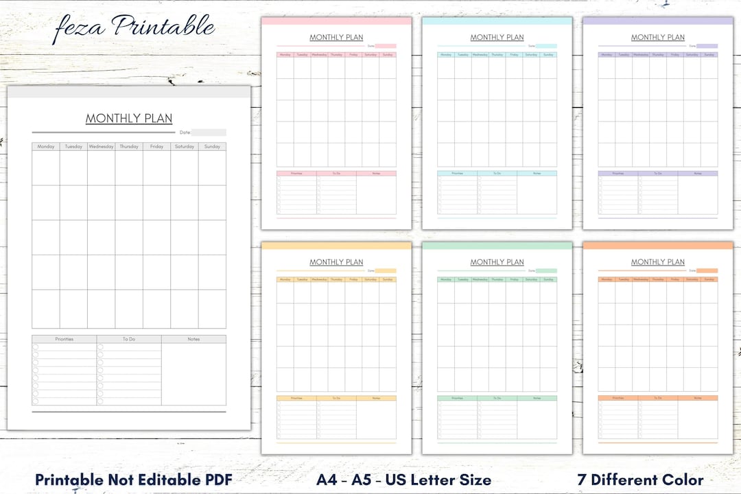 Monthly Planner Printable Template, Undated Monthly Calendar ...