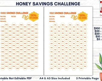 Honey Savings Challenge Printable, Money Tracker (PDF)
