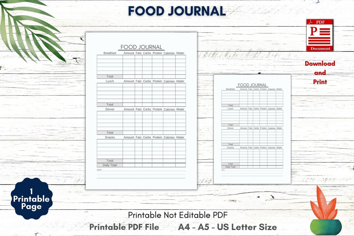 Printable Food Journal Printable Meal Planner Meal Tracker | Etsy