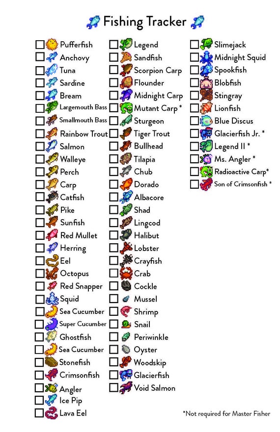 Printable Digital File Stardew Valley Tracker Fishing Collection Order