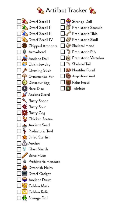 Printable Digital File Stardew Valley Tracker Artifact Etsy