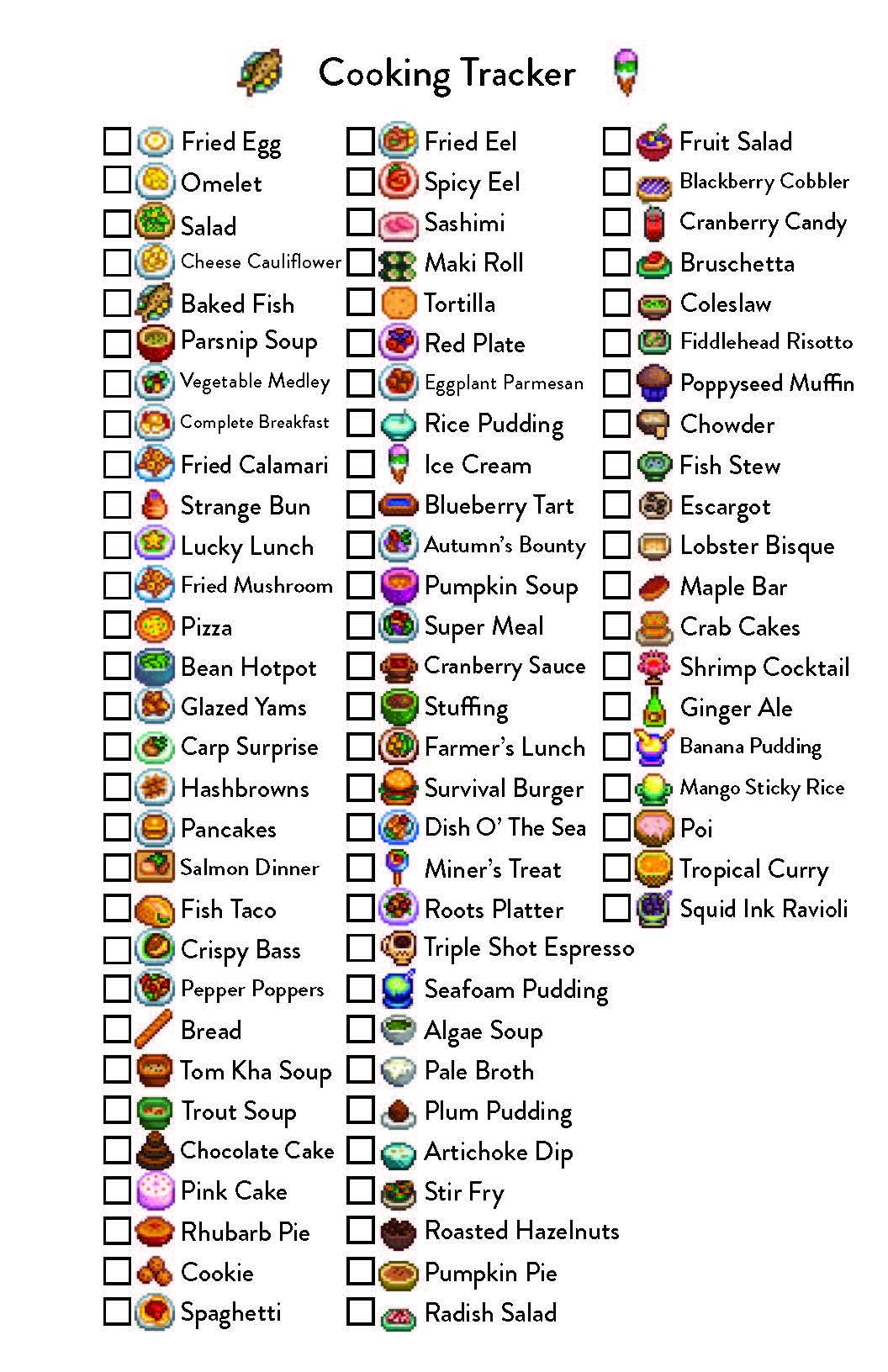 Stardew Printable Recipe List