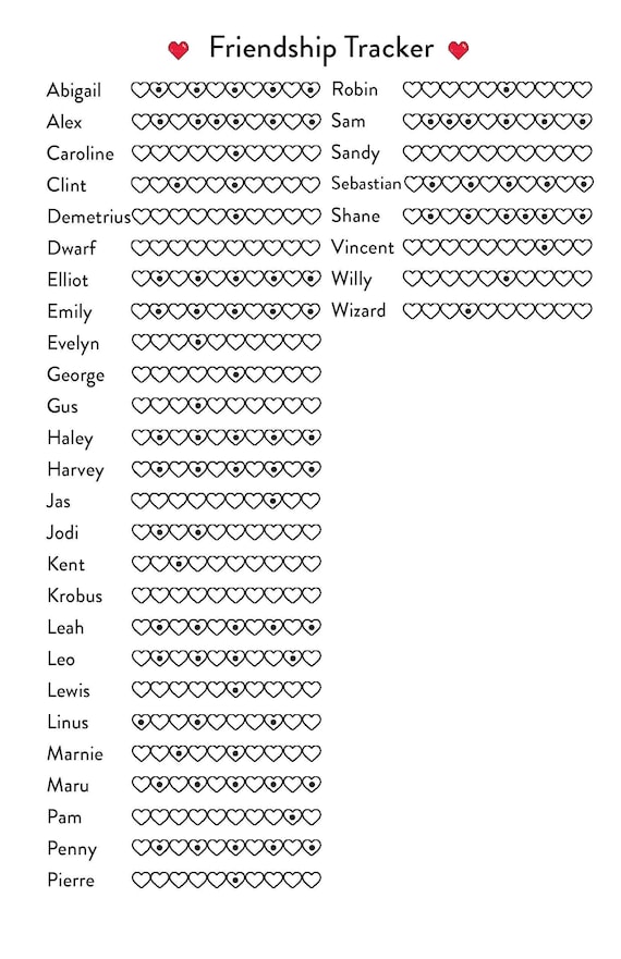Printable Digital File Stardew Valley Tracker Friendship Level Etsy