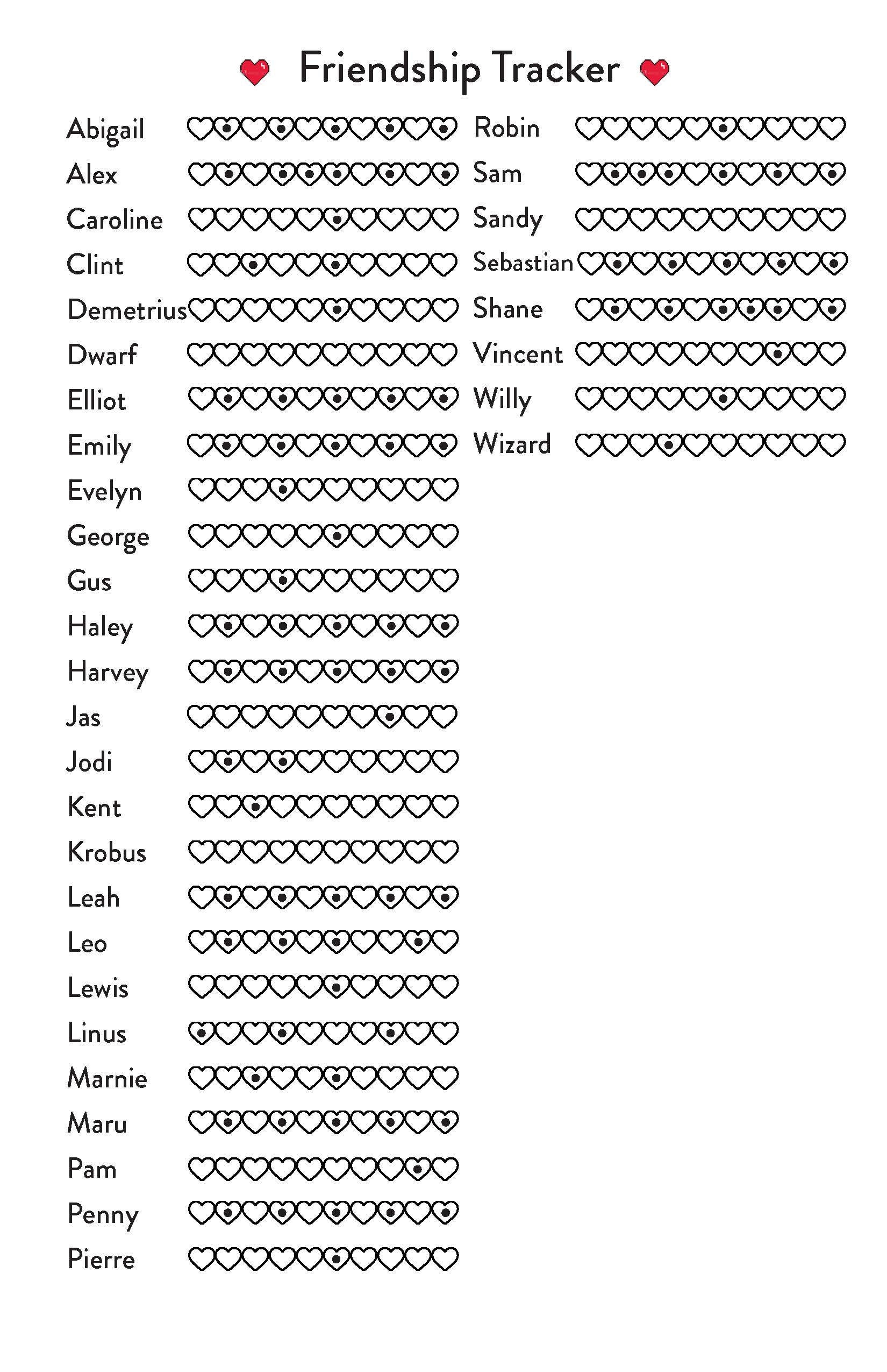 Printable Digital File Stardew Valley Tracker Friendship Level With