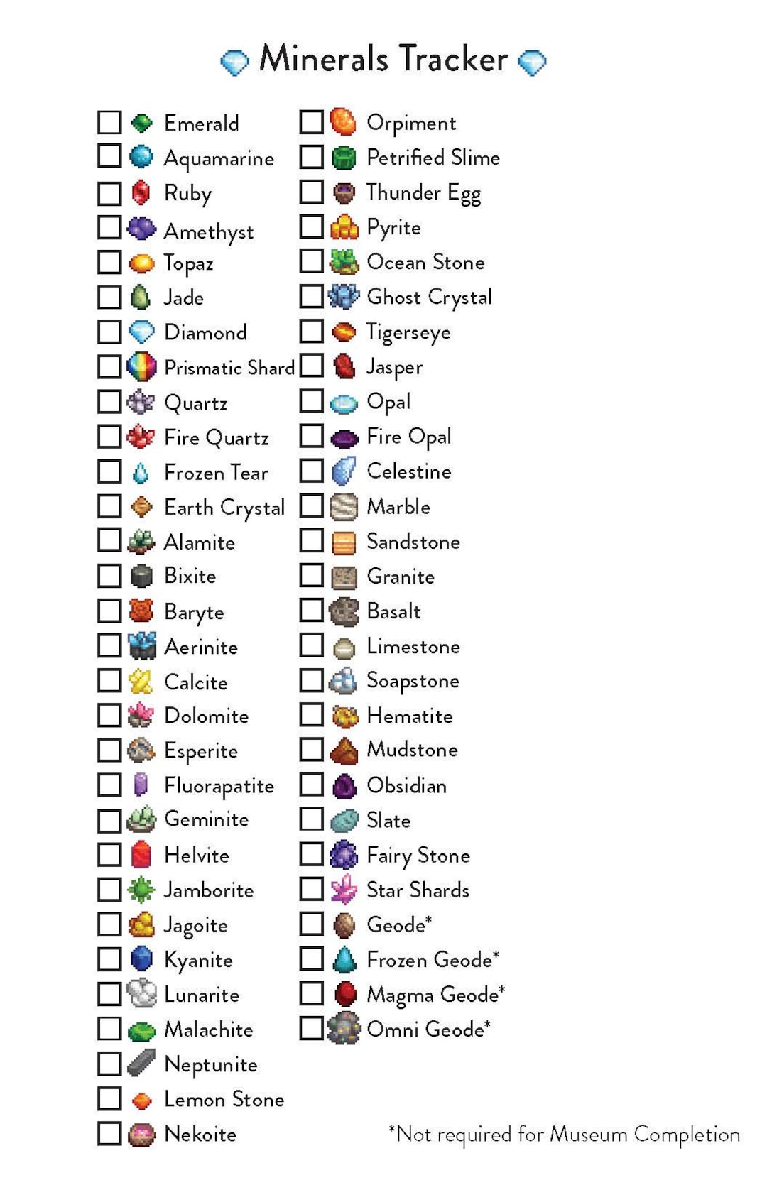 Printable Digital File Stardew Valley Tracker Minerals Collection Order