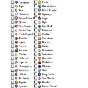 Fichier numérique imprimable Stardew Valley Tracker Minerals Collection, commande
