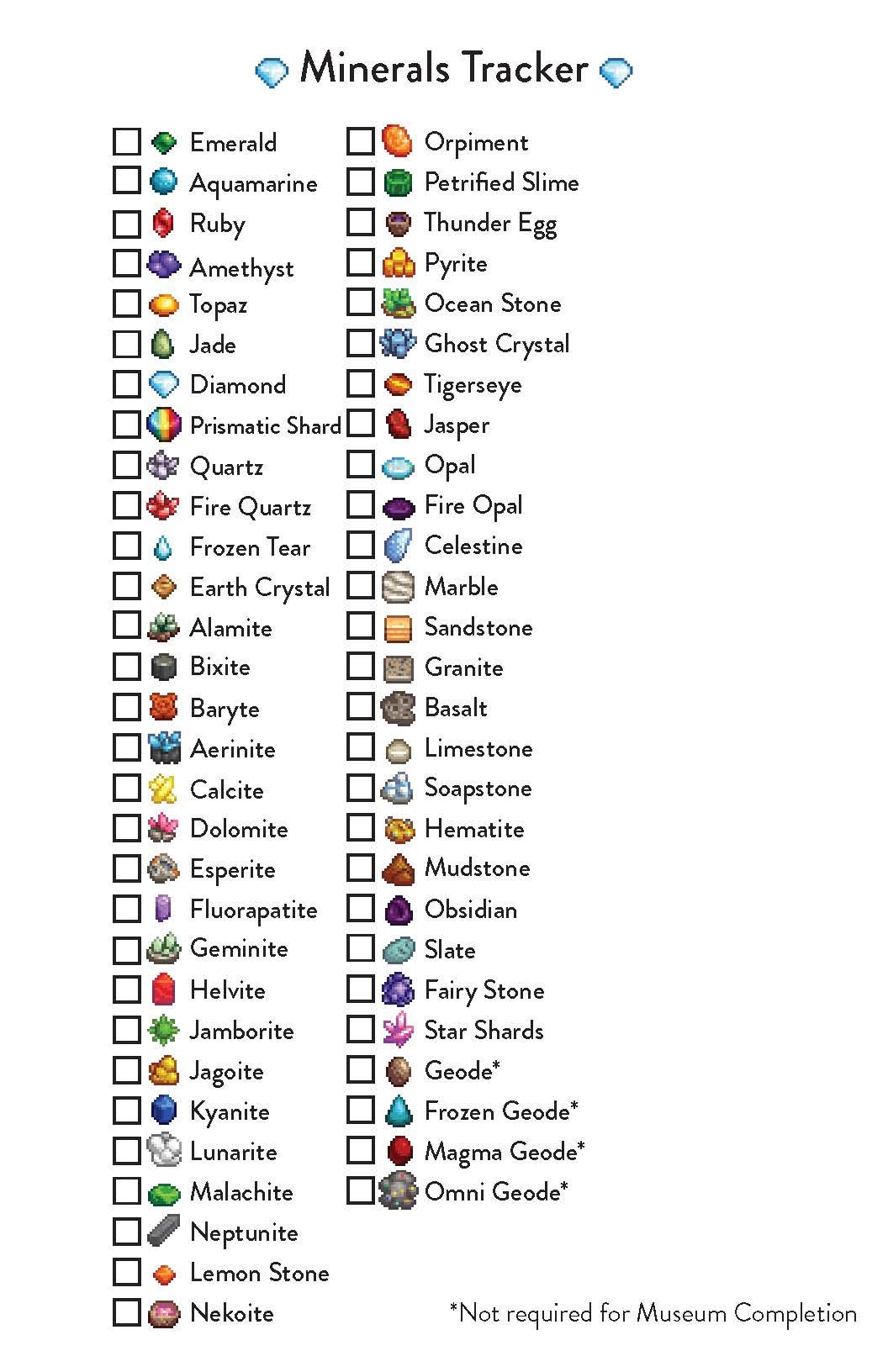 Printable Digital File Stardew Valley Tracker Minerals Collection Order