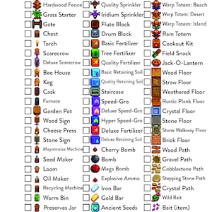 Printable Digital File Stardew Valley Tracker Crafting Collection Order