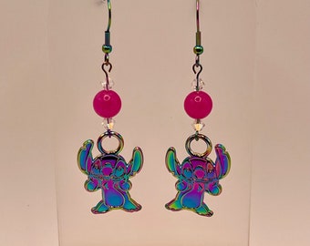 Stitch Space Alien Inspired Fan Made Rainbow Earrings (pink)