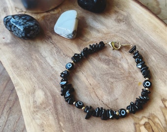 Black Evil Eye and Black Tourmaline Crystal Protection Bracelet Natural Semi Precious, Child and/or Adult