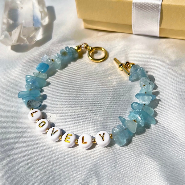 March Birthstone Bracelet ~ Personalized Aquamarine Name Bracelet ~ Gold, Silver or Rose Gold