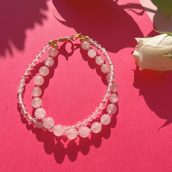 True Love Bracelet - Rose Quartz & Clear Quartz Natural Healing Crystal - Valentine's Day Gift!