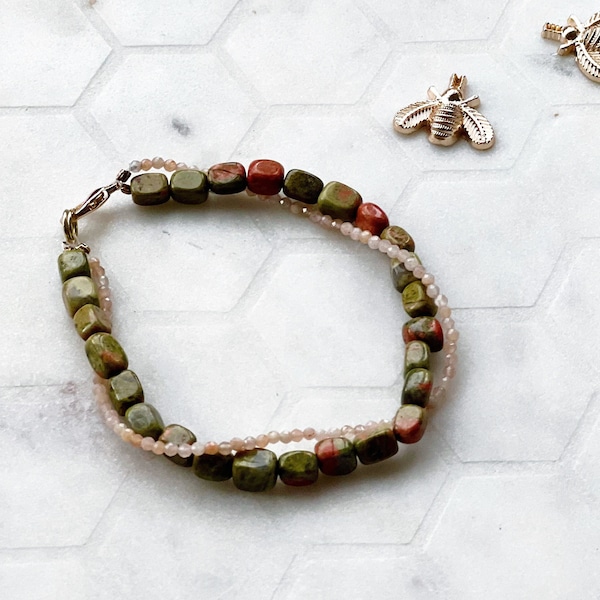 Fertility Goddess Unakite and Moonstone Crystal Natural Semi Precious Bracelet Pregnancy New Mom Gift