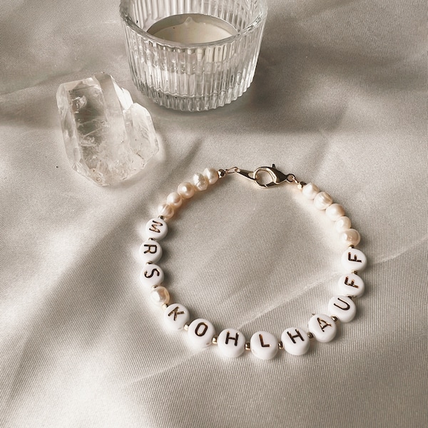 Pearl Mrs. Custom Name Bracelet or Necklace, Bride to-be Gift
