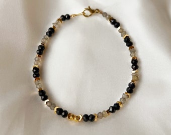 Black Tourmaline and Labradorite Crystal Protection Bracelet, Minimalist Jewelry